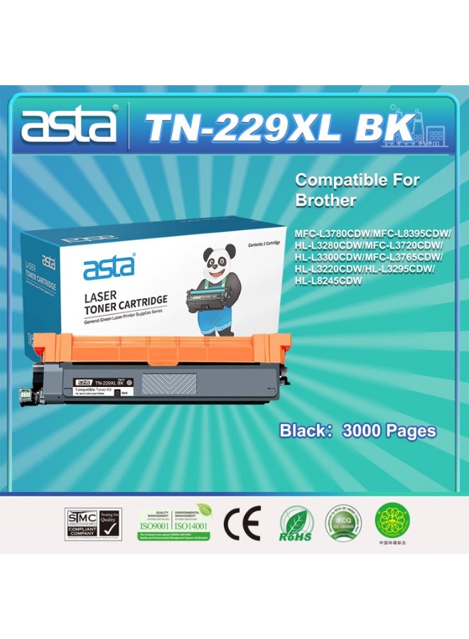استا خرطوشة حبر أسود ASTA TN-229XL مزودة بشريحة، تطبع حتى 3000 صفحة، متوافقة مع طابعات Brother MFC-L3780CDW، MFC-L8395CDW، HL-L3280CDW، MFC-L3720CDW، HL-L3300CDW، MFC-L3765CDW، HL-L3220CDW، HL-L3295CDW، HL-L8245CDW. تتميز باستهلاك منخفض للطاقة وكفاءة طباعة عالية. - Image 1