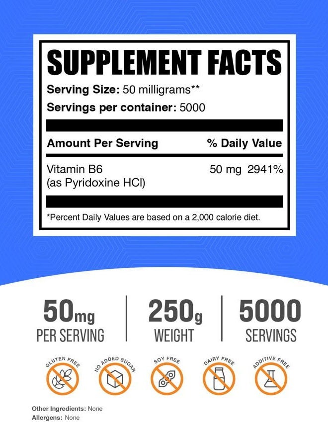 BulkSupplements .com Pyridoxine HCl Powder - Vitamin B6 Supplement, Vitamin B6 50mg - for Immune Support, Gluten Free, 50mg of Pyridoxine B6 per Serving, 250g (8.8 oz) (Pack of 1) - Image 2