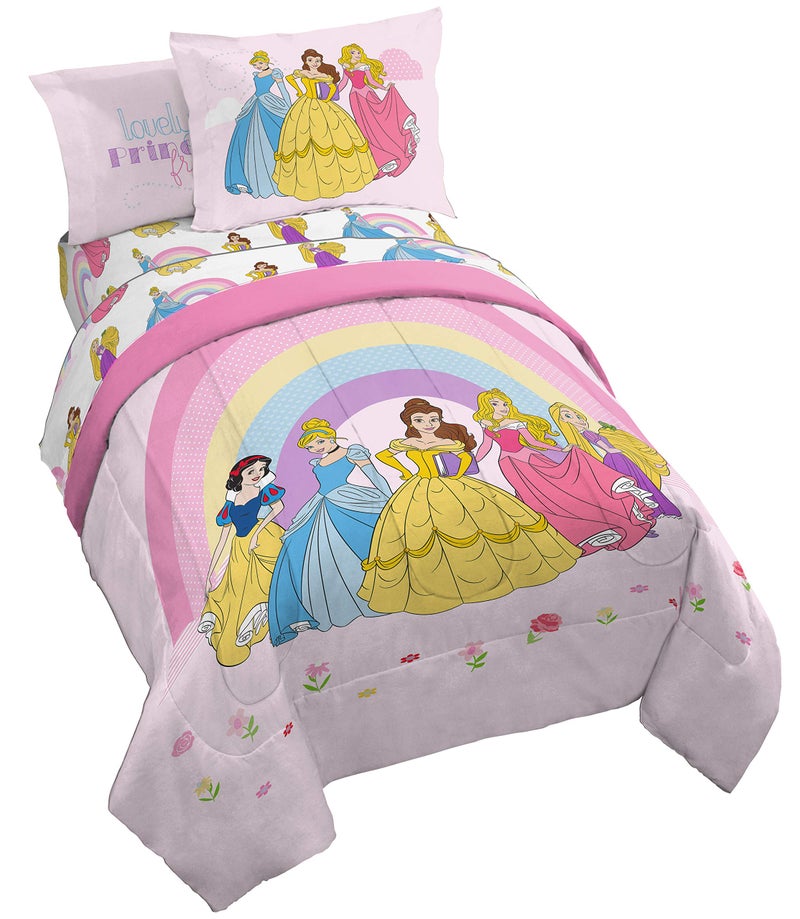 Jay Franco Disney Princess Rainbow 7 Piece Full Bed Set - Includes Comforter & Sheet Set - Bedding Features Aurora, Belle, & Cinderella - Super Soft Fade Resistant Microfiber - Image 1