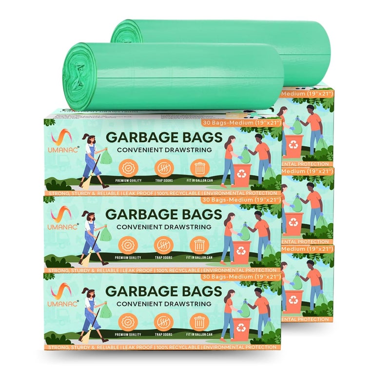 Umanac Garbage Bags 30N Medium 19x21 Green Trash Bags 100 Recyclable Heavy Duty Dustbin Bags LeakProof Odour Control Detachable Drawstring Pack of 6 - Image 1