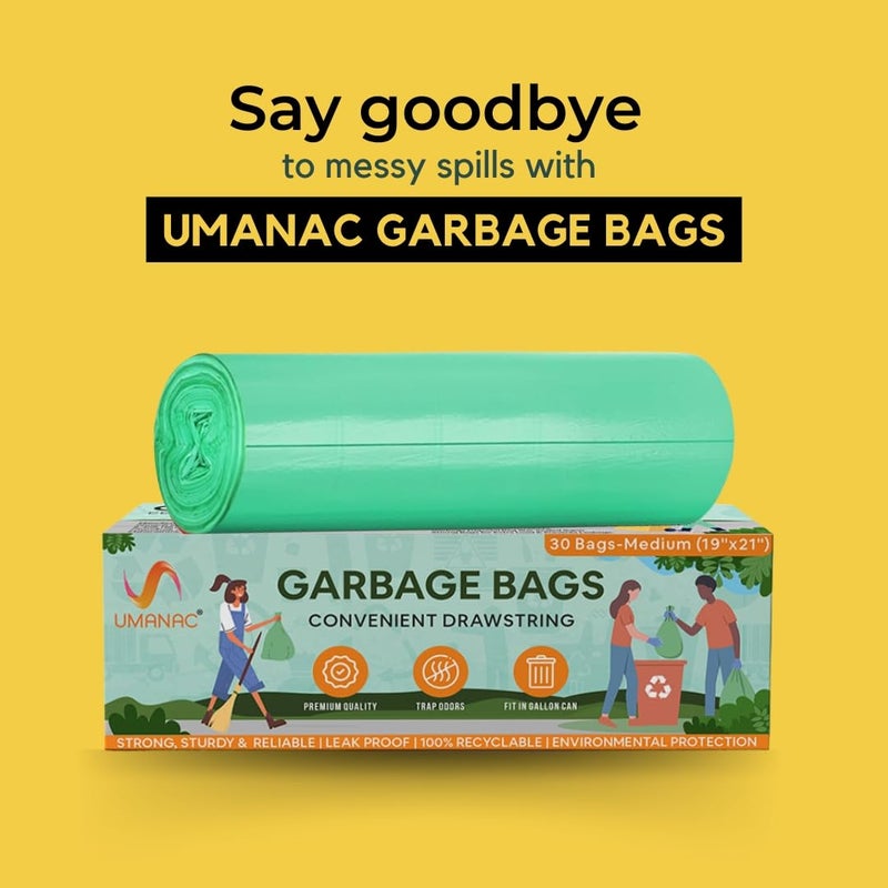 Umanac Garbage Bags 30N Medium 19x21 Green Trash Bags 100 Recyclable Heavy Duty Dustbin Bags LeakProof Odour Control Detachable Drawstring Pack of 6 - Image 3
