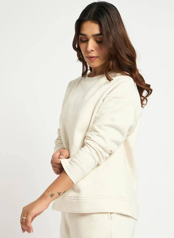 Femmella Cream Melange Crew Neck Fleece Sweatshirt