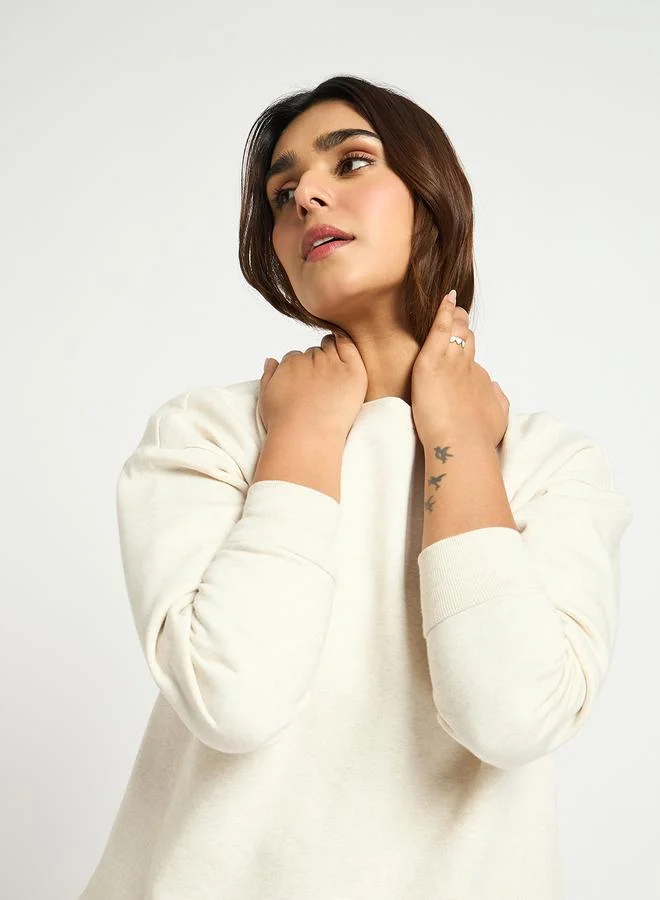 Femmella  Cream Melange Crew Neck Fleece Sweatshirt for Women | Best Price UAE