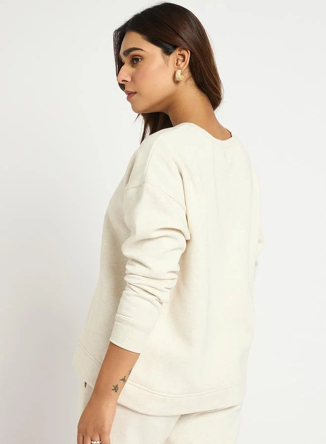 Femmella  Cream Melange Crew Neck Fleece Sweatshirt for Women | Best Price UAE
