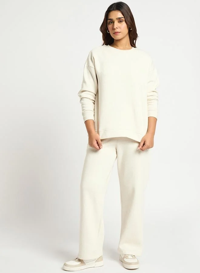 Femmella  Cream Melange Crew Neck Fleece Sweatshirt for Women | Best Price UAE