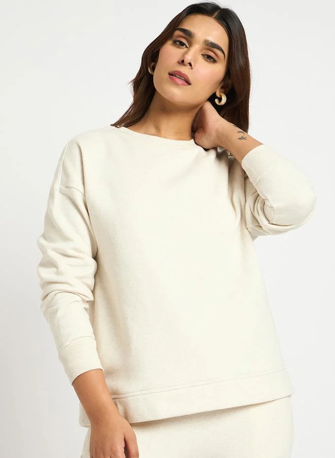 Femmella  Cream Melange Crew Neck Fleece Sweatshirt for Women | Best Price UAE