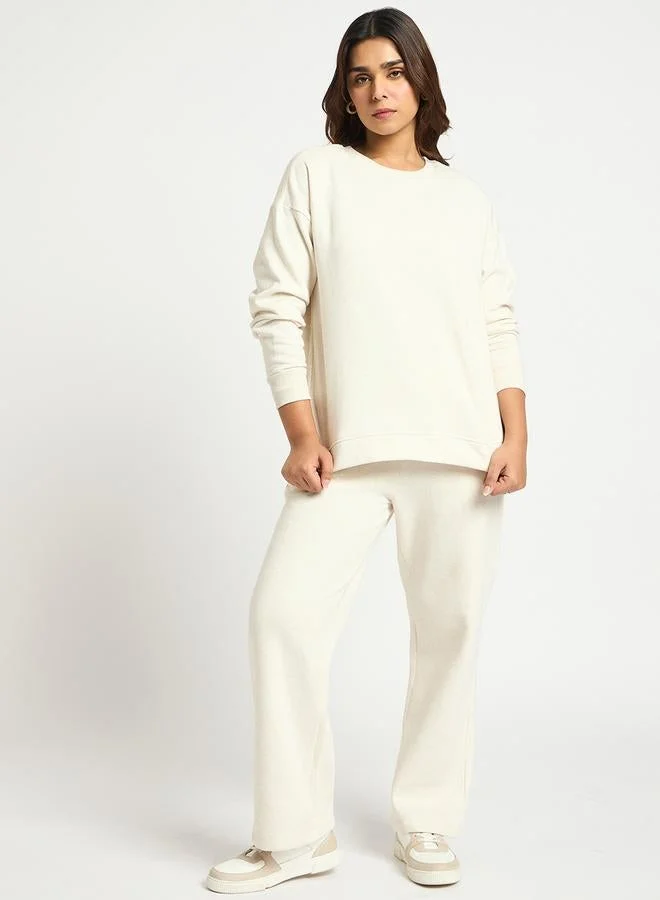 Femmella Cream Melange Crew Neck Fleece Sweatshirt