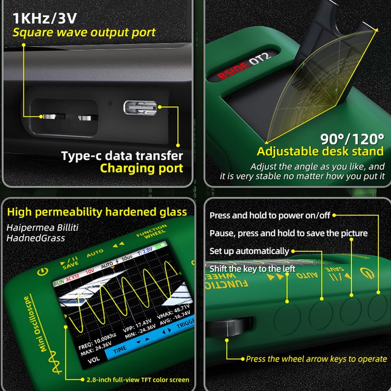 BSIDE-OT2 Digital 2.8-inch TFT Display Oscilloscope Handheld Oscope Meter 10Mhz Bandwidth 48MSa/S Sampling Rate Data with Data Storage Function for DIY and Electronic Test - Image 4