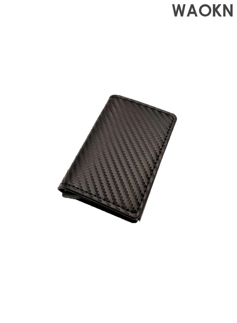 WAOKN Card bag with coin pocket, magnetic closure pop-up, card slot wallet, can store ID card leather texture wallet, men's ultra-thin business credit card wallet, ultra-thin carbon fiber texture wallet (black). - Image 1