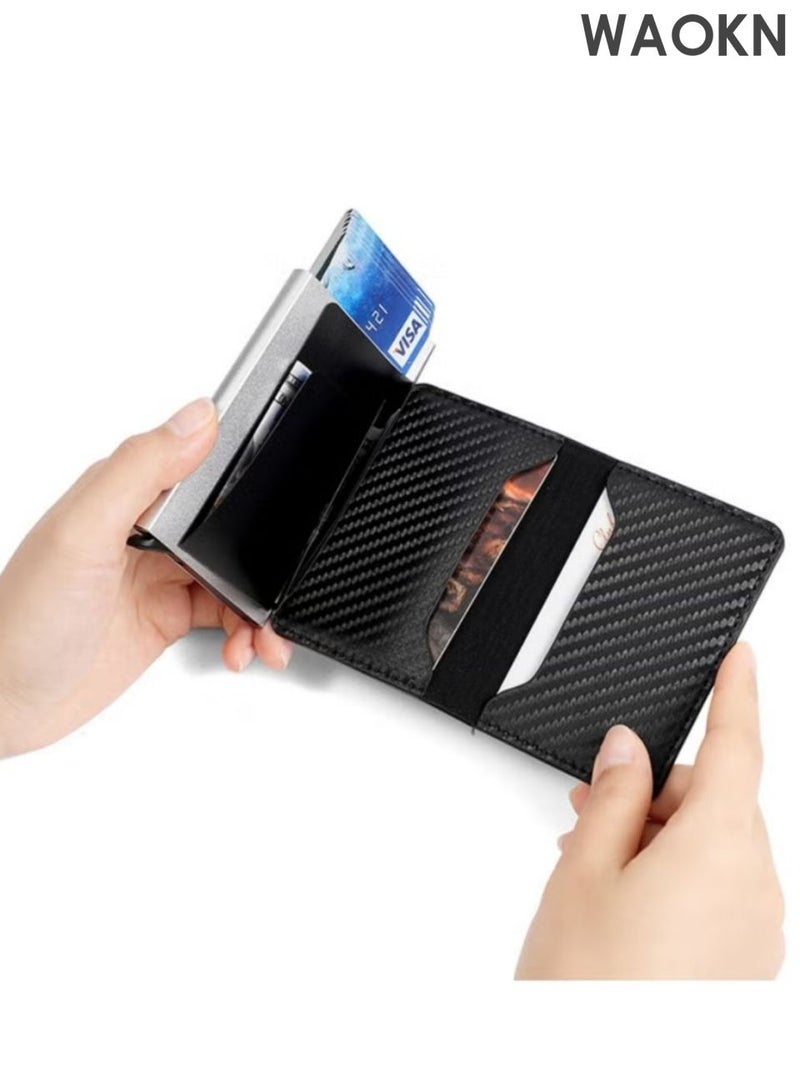 WAOKN Card bag with coin pocket, magnetic closure pop-up, card slot wallet, can store ID card leather texture wallet, men's ultra-thin business credit card wallet, ultra-thin carbon fiber texture wallet (black). - Image 2