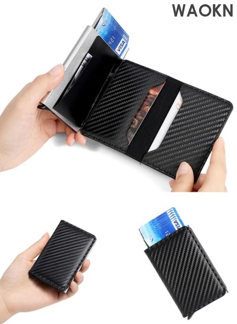 WAOKN Card bag with coin pocket, magnetic closure pop-up, card slot wallet, can store ID card leather texture wallet, men's ultra-thin business credit card wallet, ultra-thin carbon fiber texture wallet (black). - Image 3