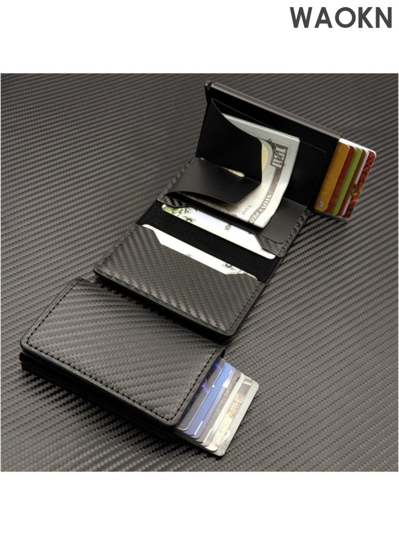 WAOKN Card bag with coin pocket, magnetic closure pop-up, card slot wallet, can store ID card leather texture wallet, men's ultra-thin business credit card wallet, ultra-thin carbon fiber texture wallet (black). - Image 4