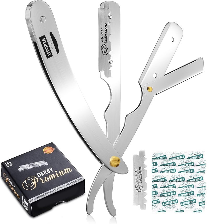 Utopia Care Professional Straight Razor for Men, Barber Straight Edge Razor Safety with 100 Pack Blades, Silver - Image 1