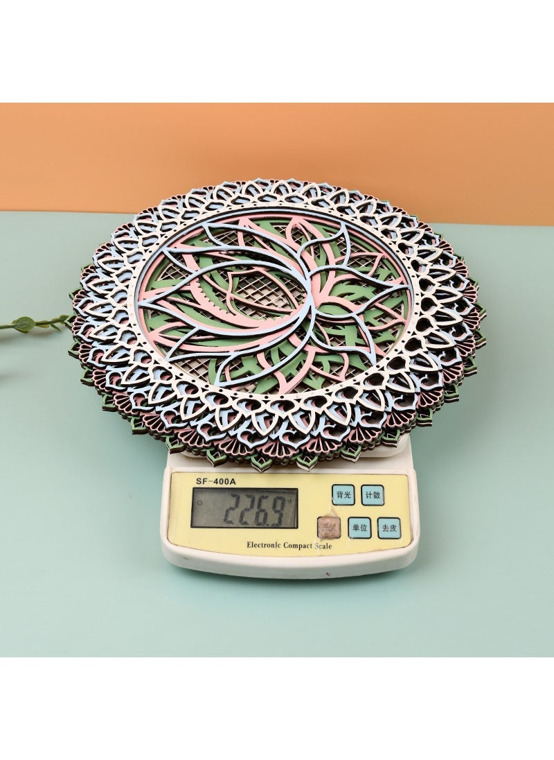 Wooden Mandala Lotus 5-layer Stitching Boxwood Interior Decoration Valentines Day Teachers Day Pendant Small Ornaments Light Blue 