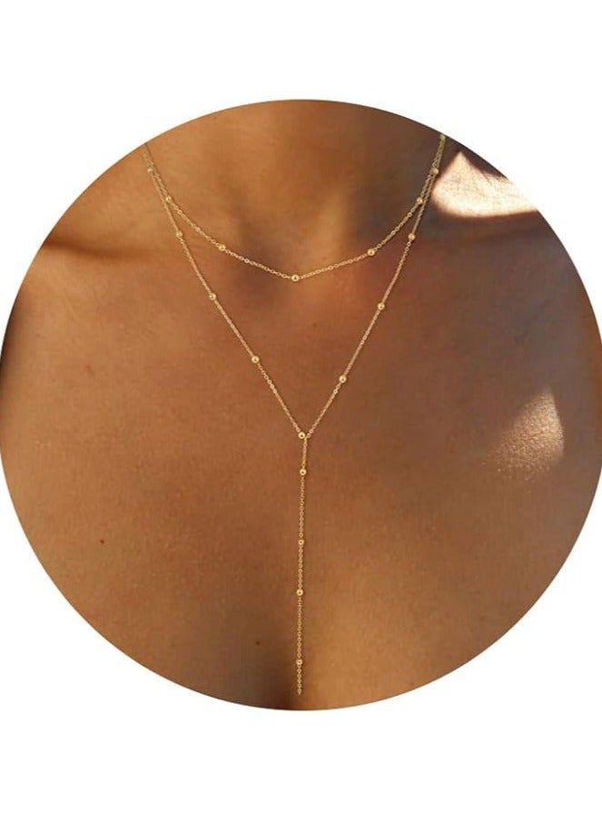 Foxy Lariat Gold Necklace for Women 14k Gold Plated Silver Beaded Chain - Image 1