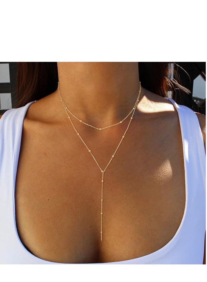 Foxy Lariat Gold Necklace for Women 14k Gold Plated Silver Beaded Chain - Image 2
