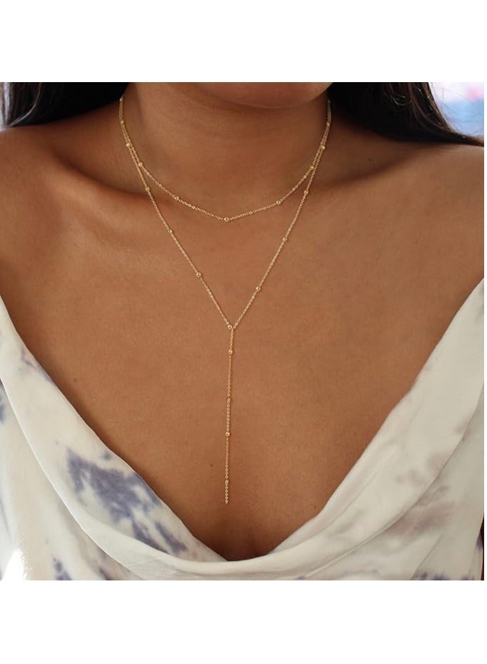 Foxy Lariat Gold Necklace for Women 14k Gold Plated Silver Beaded Chain - Image 4