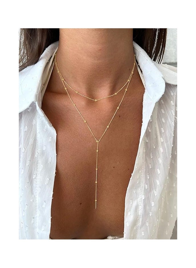Foxy Lariat Gold Necklace for Women 14k Gold Plated Silver Beaded Chain - Image 3