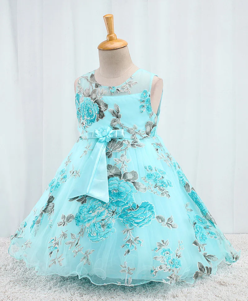 babyhug Babyhug Sleeveless  Organza Party Frock With Floral Print & Bow Applique - Blue