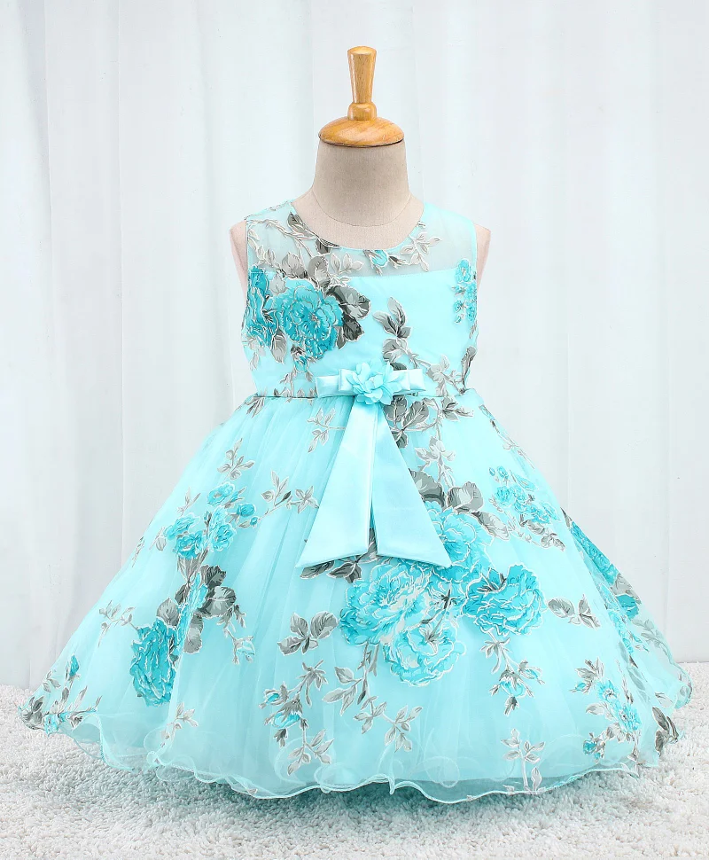babyhug Babyhug Sleeveless  Organza Party Frock With Floral Print & Bow Applique - Blue