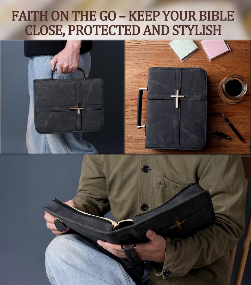 HFLZBRO Vegan Leather Bible Cover Case, Bible Bag with Phone Pocket, Bible Case for Men Women, Christian Gift Box Packaging (Black) - Image 5