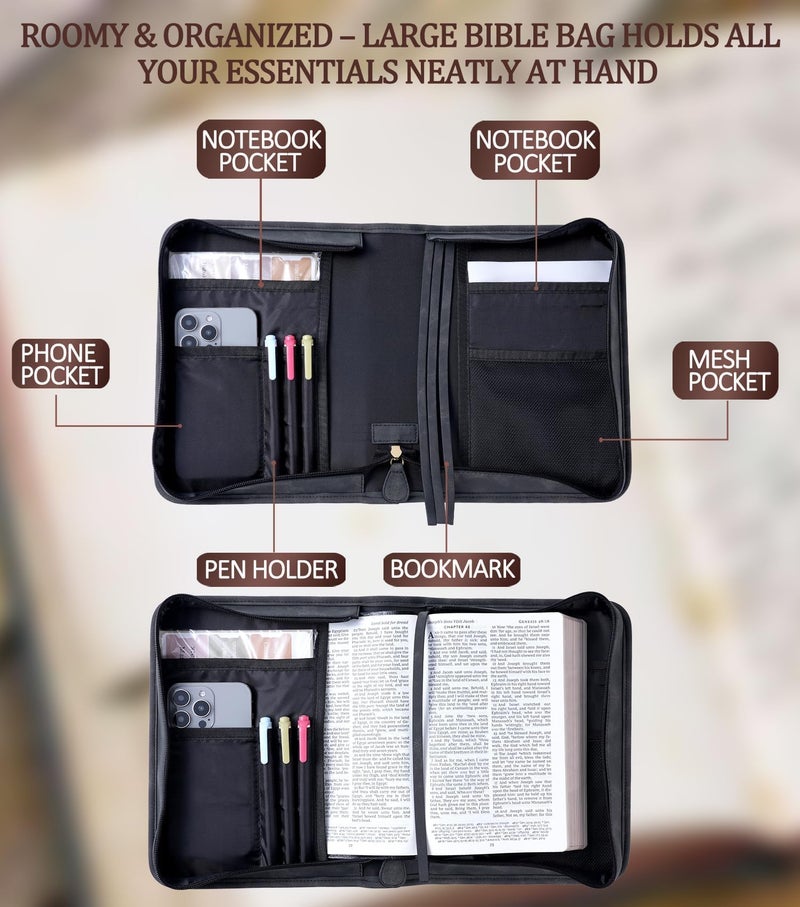 HFLZBRO Vegan Leather Bible Cover Case, Bible Bag with Phone Pocket, Bible Case for Men Women, Christian Gift Box Packaging (Black) - Image 2