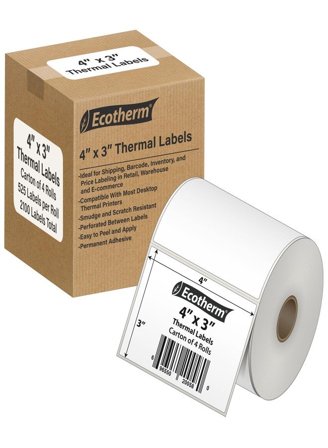 Ecotherm ملصقات حرارية 4 بوصات × 3 بوصات | 4 لفات | 2100 ملصق | متوافقة مع طابعات الملصقات الحرارية من زيبرا، مونبين، رولو، جودكس، أركسكان، آي دي بي آر تي، أوفنوفا وغيرها | ملصقات لاصقة بيضاء فارغة من إيكوثيرم - Image 1