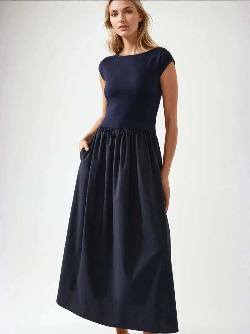 HICCUP Navy Blue Contrast Midi Dress for Women | Best Price UAE