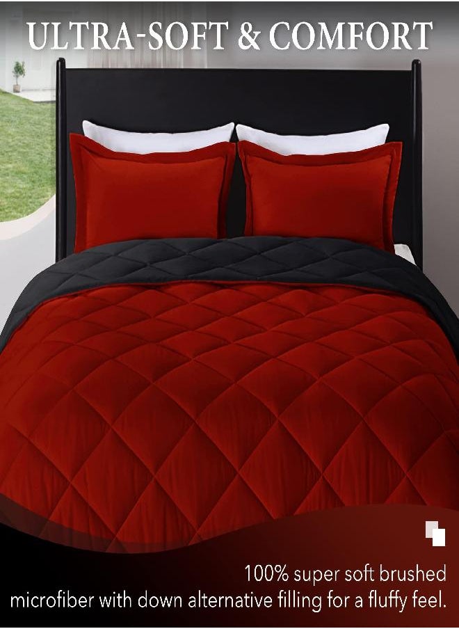 downluxe downluxe Lightweight Solid Comforter Set (Queen) with 2 Pillow Shams - 3-Piece Set - Red and Black - Down Alternative Reversible Comforter  - Image 3