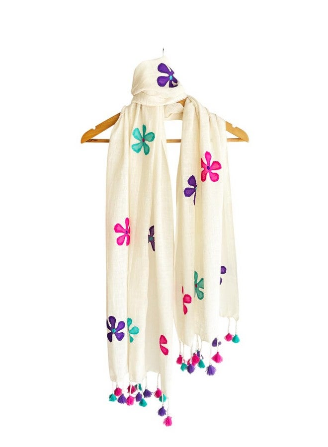 Aesthetics Label Handloom Khadi Cotton off white Stole with Floral Applique Work & Multicolor Tassels - Lightweight & Eco-Friendly Dupatta for Women (Multicolor Applique) - Image 2