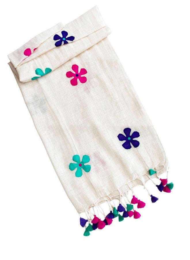 Aesthetics Label Handloom Khadi Cotton off white Stole with Floral Applique Work & Multicolor Tassels - Lightweight & Eco-Friendly Dupatta for Women (Multicolor Applique) - Image 5