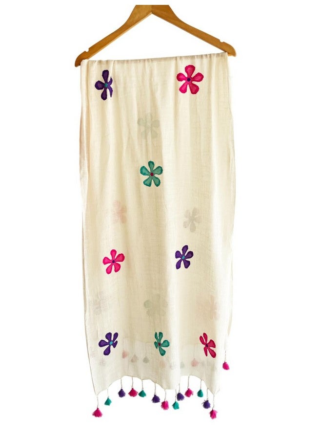 Aesthetics Label Handloom Khadi Cotton off white Stole with Floral Applique Work & Multicolor Tassels - Lightweight & Eco-Friendly Dupatta for Women (Multicolor Applique) - Image 3