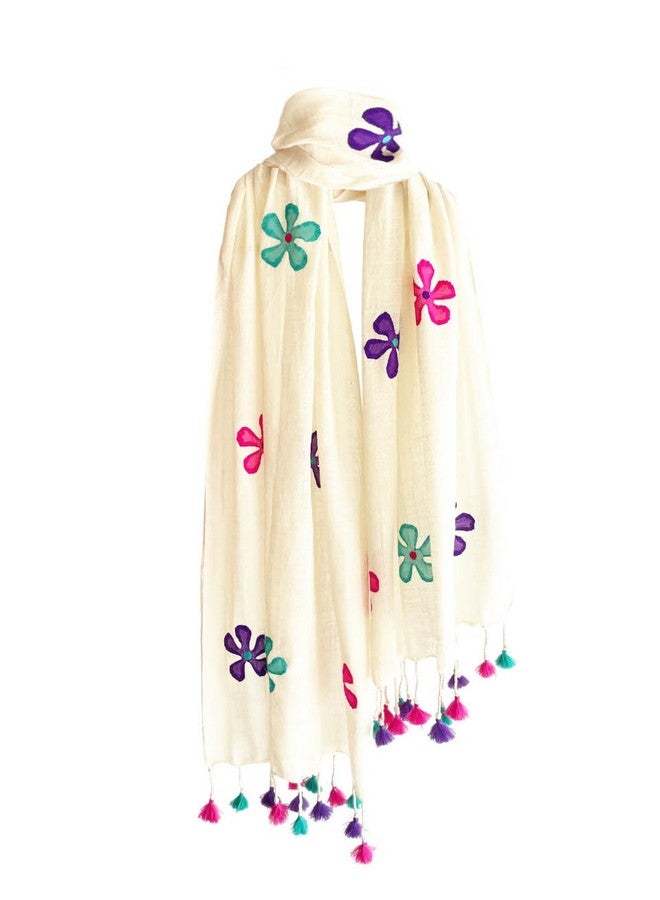 Aesthetics Label Handloom Khadi Cotton off white Stole with Floral Applique Work & Multicolor Tassels - Lightweight & Eco-Friendly Dupatta for Women (Multicolor Applique) - Image 1