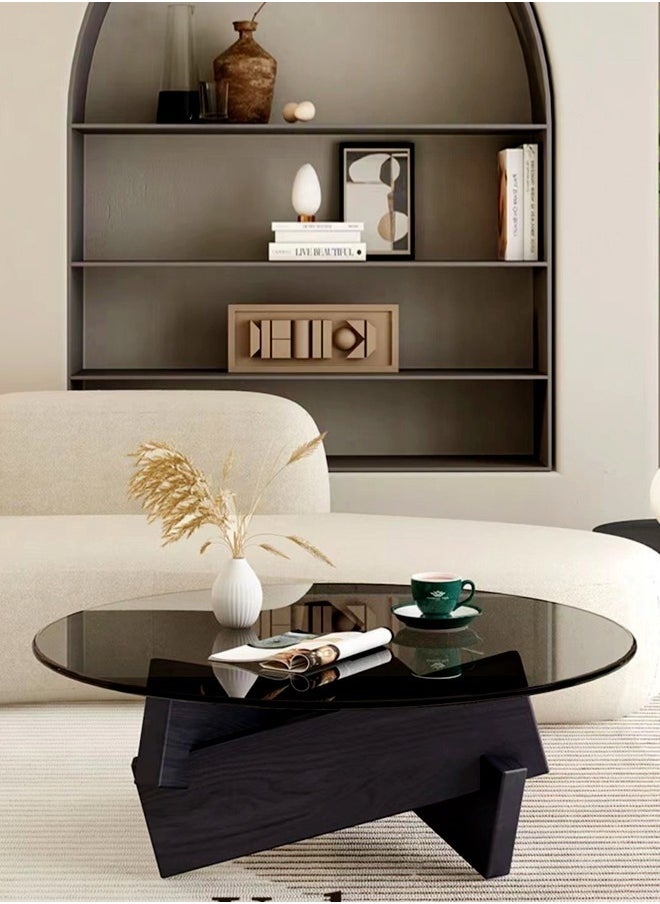 Raffine 1-Piece Round Coffee Table Glass Top Irregular Wood Geometric Base Sofa Side End Table for Living Room Office Bedroom 80x80x31 cm  - Image 1