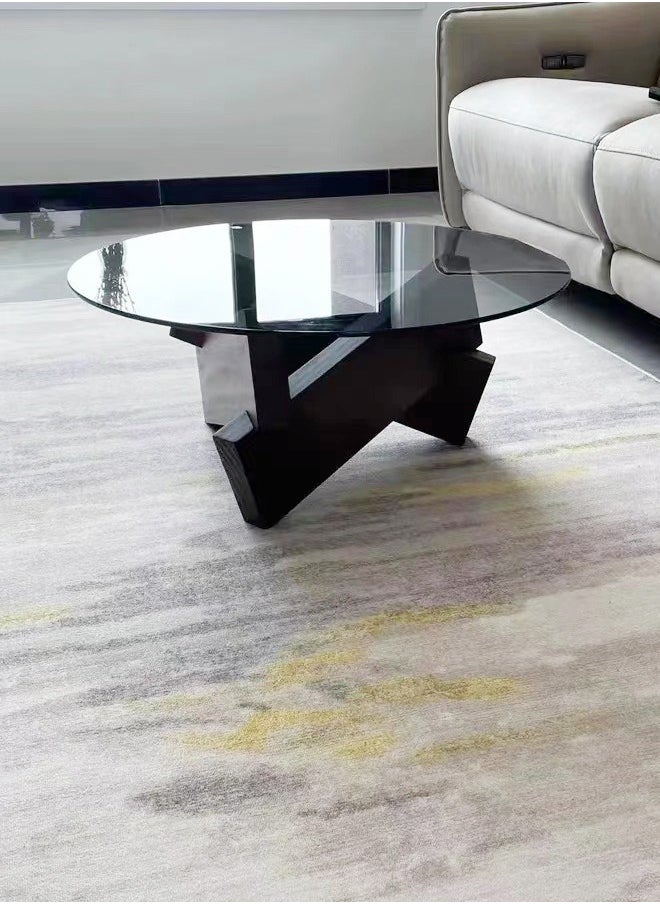 Raffine 1-Piece Round Coffee Table Glass Top Irregular Wood Geometric Base Sofa Side End Table for Living Room Office Bedroom 80x80x31 cm  - Image 2