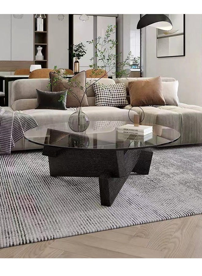 Raffine 1-Piece Round Coffee Table Glass Top Irregular Wood Geometric Base Sofa Side End Table for Living Room Office Bedroom 80x80x31 cm  - Image 5