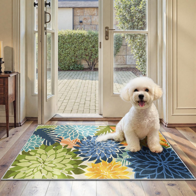Arenarug Colorful 9x12 Outdoor Area Rug Washable Multicolored Patio Rug Tropical Botanical Floral Chenille Waterproof Outdoor Carpet Non-Slip for Deck, Backyard, Porch, Green - Image 1