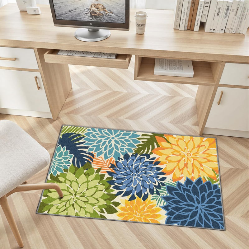 Arenarug Colorful 9x12 Outdoor Area Rug Washable Multicolored Patio Rug Tropical Botanical Floral Chenille Waterproof Outdoor Carpet Non-Slip for Deck, Backyard, Porch, Green - Image 3