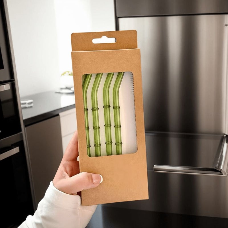 4 Pack Straight Bamboo Textured Glass Straws And Cleaning Brush Reusable Dishwasher Safe Drinking Straws Set For Bubble Tea Coffee Cocktails Party Favors - Image 4