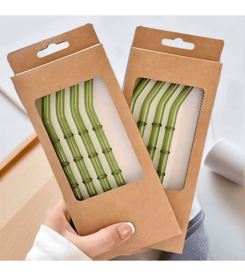 4 Pack Straight Bamboo Textured Glass Straws And Cleaning Brush Reusable Dishwasher Safe Drinking Straws Set For Bubble Tea Coffee Cocktails Party Favors - Image 3