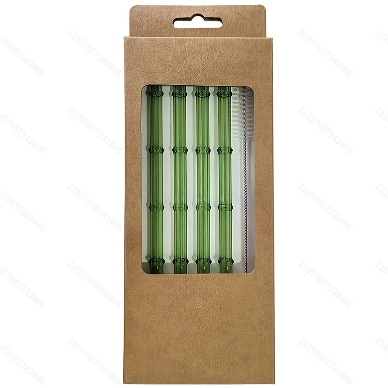 4 Pack Straight Bamboo Textured Glass Straws And Cleaning Brush Reusable Dishwasher Safe Drinking Straws Set For Bubble Tea Coffee Cocktails Party Favors - Image 1