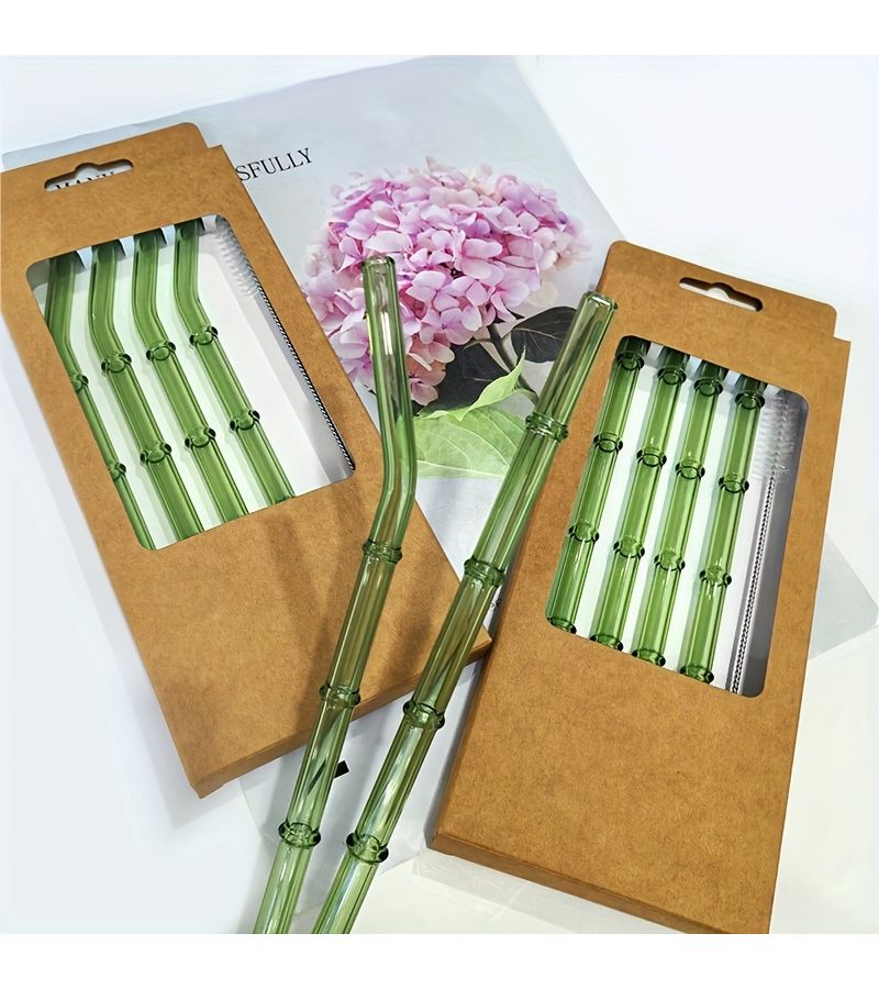 4 Pack Straight Bamboo Textured Glass Straws And Cleaning Brush Reusable Dishwasher Safe Drinking Straws Set For Bubble Tea Coffee Cocktails Party Favors - Image 2