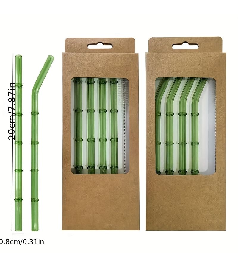 4 Pack Straight Bamboo Textured Glass Straws And Cleaning Brush Reusable Dishwasher Safe Drinking Straws Set For Bubble Tea Coffee Cocktails Party Favors - Image 5