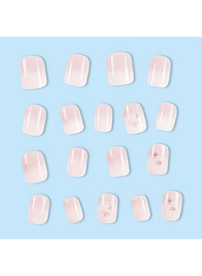Goolsky 24 قطعة أظافر صناعية قصيرة لامعة مربعة، أظافر ضغط بتدرج وردي أبيض مع تصميم زهور، أظافر مزيفة كاملة التغطية رائعة للفتيات والنساء - Image 5