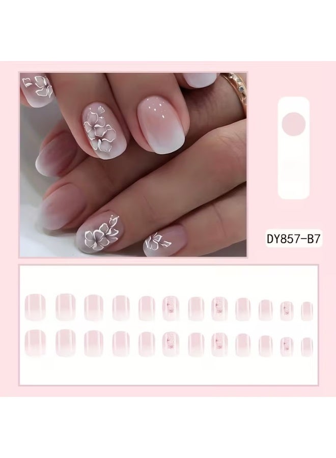 Goolsky 24 قطعة أظافر صناعية قصيرة لامعة مربعة، أظافر ضغط بتدرج وردي أبيض مع تصميم زهور، أظافر مزيفة كاملة التغطية رائعة للفتيات والنساء - Image 2