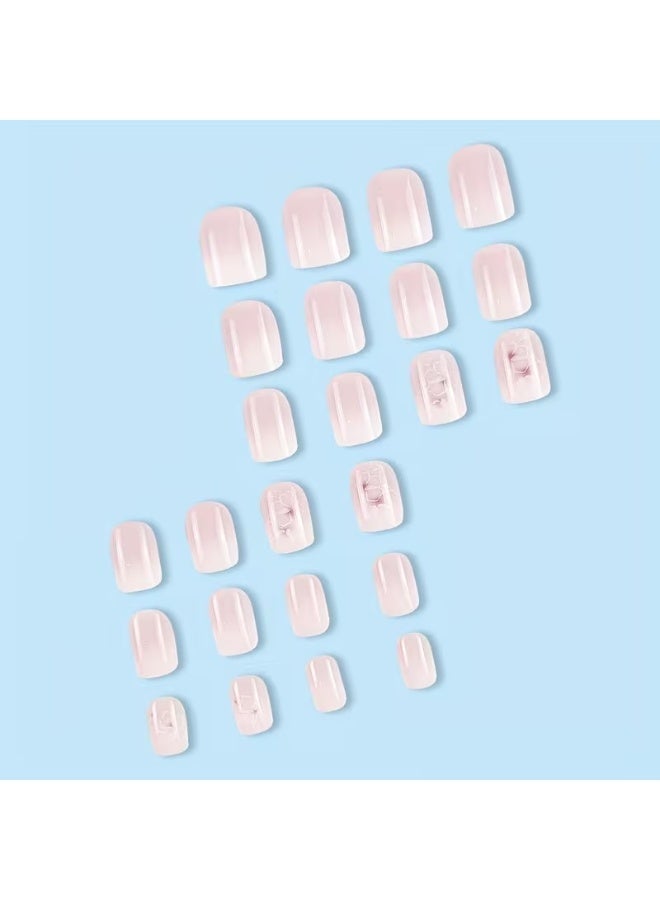 Goolsky 24 قطعة أظافر صناعية قصيرة لامعة مربعة، أظافر ضغط بتدرج وردي أبيض مع تصميم زهور، أظافر مزيفة كاملة التغطية رائعة للفتيات والنساء - Image 3