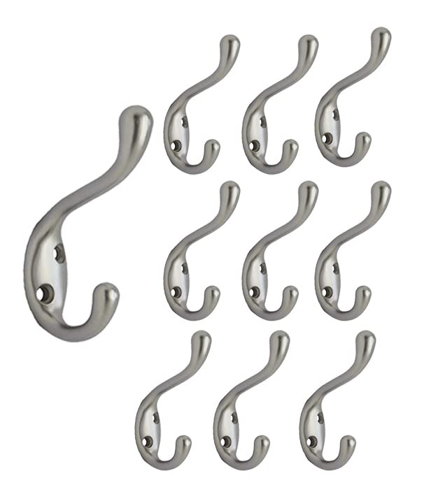 QCAA Premium Quality Heavy Duty Coat and Hat Hook Hanger 338 Zinc Die Cast Satin Nickel 10 Pack Made in Taiwan