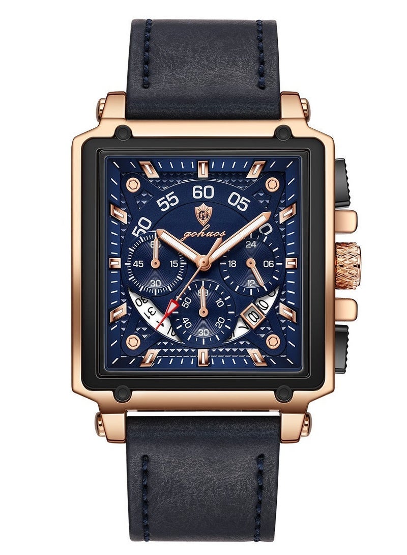 GOHUOS Square Watches for Men Leather Strap Chronograph Fashion Business Watch Luminous Waterproof Casual Wrist Watches - Image 5