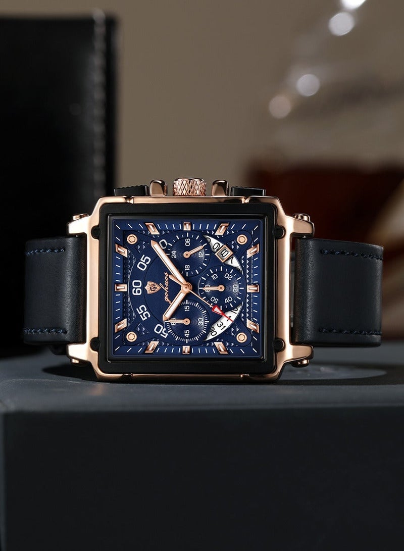 GOHUOS Square Watches for Men Leather Strap Chronograph Fashion Business Watch Luminous Waterproof Casual Wrist Watches - Image 2