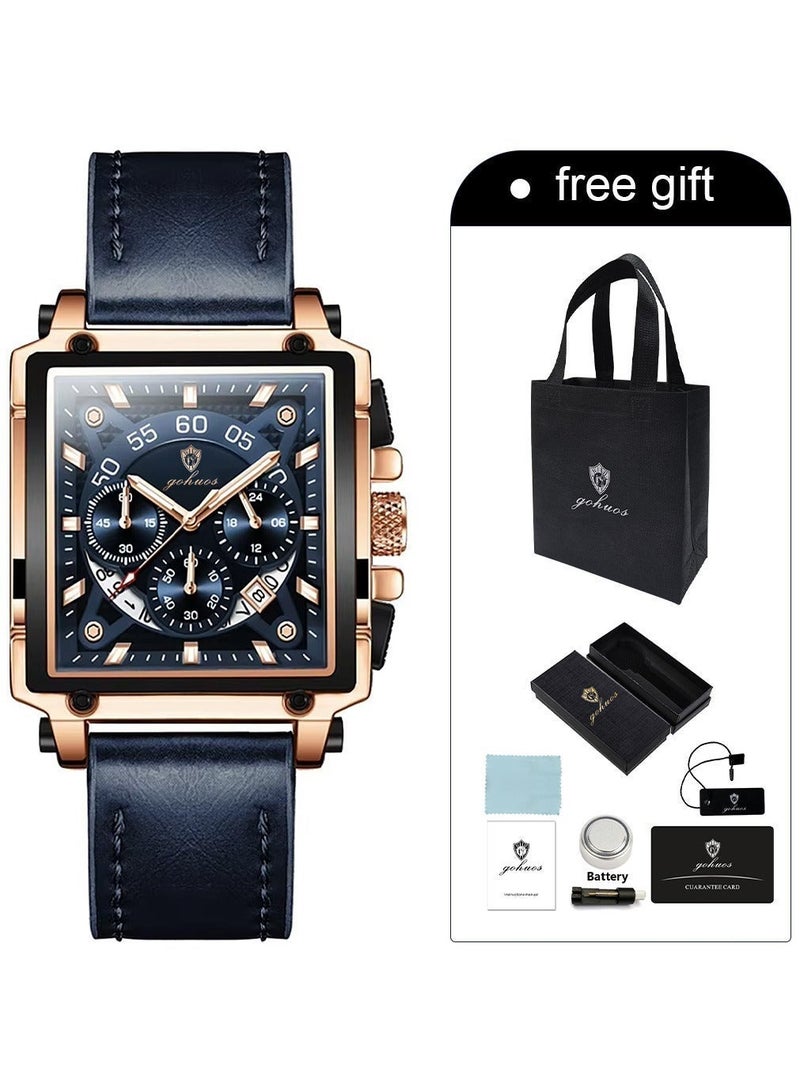 GOHUOS Square Watches for Men Leather Strap Chronograph Fashion Business Watch Luminous Waterproof Casual Wrist Watches - Image 3